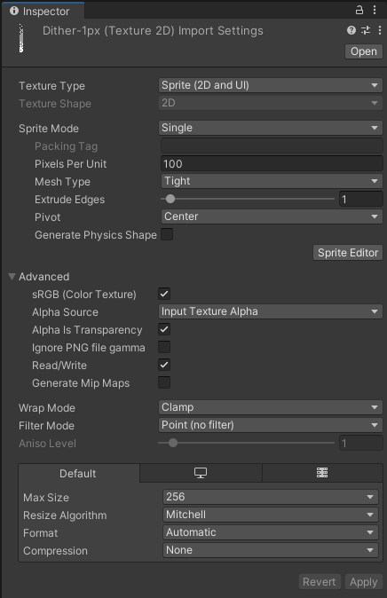 Dither texture import settings